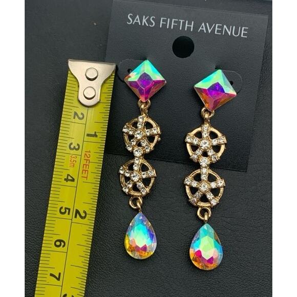New Saks Fifth Avenue Aurora Borealis Clear Rhinestone Dangle Pierced Earrings - Picture 3 of 4